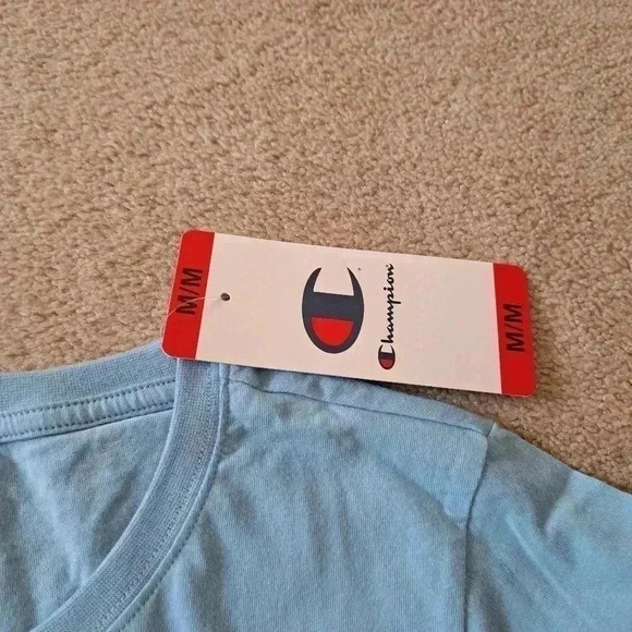 ❤️ New! Champion Logo Tee Medium 100% Cotton Light Blue Short  Sleeved T-shirt - Picture 6 of 9